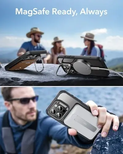 iPhone 14 Pro Max uchun ESR g'ilofi stend bilan, MagSafe bilan mos, to'liq tana harbiy darajadagi tushishga chidamli g'ilof o'rnatilgan 9H+ temperli shisha ekran himoyachisi, Armor seriyasi, shaffof qora - 5