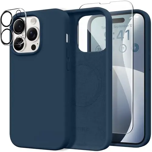 iPhone 14 Pro Max uchun GONEZ silikonli g‘ilofi, MagSafe bilan mos, ekran himoyachisi + kamera linzalari himoyachisi bilan, suyuq silikon zarbga chidamli himoya telefoni 14 ProMax g‘ilofi 6,7