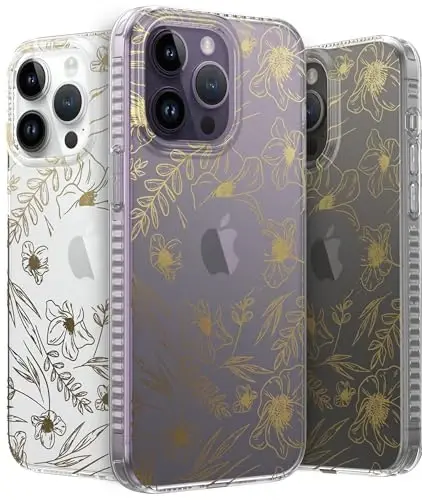 iPhone 14 Pro Max uchun LONLI Hue g'ilofi - [360° zarbani yutuvchi bamper] - [Qizlar va ayollar uchun yoqimli va noyob telefon qopqog'i] - Oltin gul naqshli 