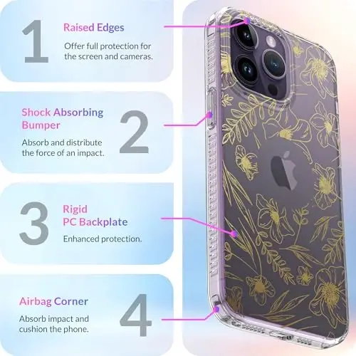 iPhone 14 Pro Max uchun LONLI Hue g'ilofi - [360° zarbani yutuvchi bamper] - [Qizlar va ayollar uchun yoqimli va noyob telefon qopqog'i] - Oltin gul naqshli - 6