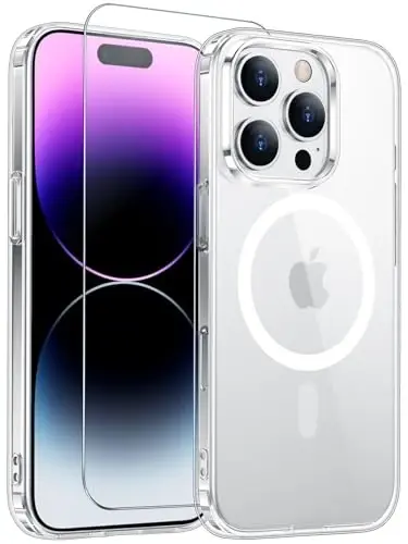 iPhone 14 Pro Max uchun Temdan g'ilofi ekran himoyachisi bilan, Magsafe bilan mos, sarg'ayishga qarshi, harbiy darajadagi himoya, zarbaga chidamli ingichka magnit telefon g'ilofi, shaffof 