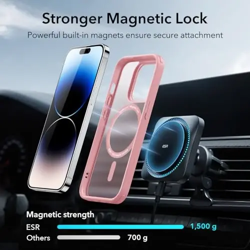 iPhone 14 Pro uchun ESR g'ilofi, MagSafe bilan mos, zarbaga chidamli harbiy darajadagi himoya, sarg'ayishga chidamli, iPhone 14 Pro uchun magnit telefon g'ilofi, klassik gibrid g'ilof (HaloLock), muzli pushti - 3