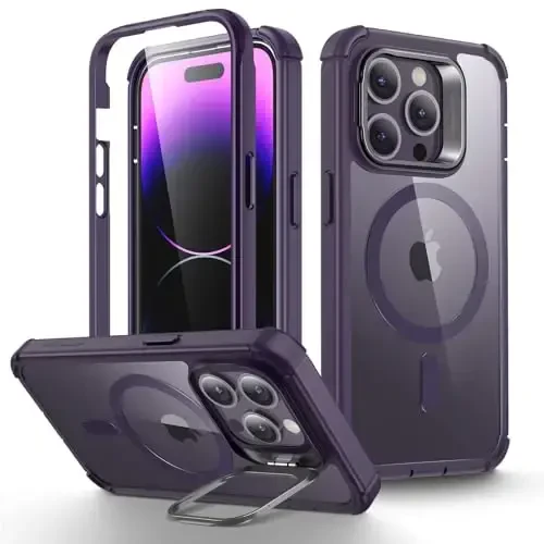 iPhone 14 Pro uchun ESR g'ilofi Stend bilan, MagSafe bilan mos, To'liq harbiy darajadagi tushishga chidamli g'ilof, o'rnatilgan 9H+ temperli shisha ekran himoyachisi, Armor seriyasi, toza binafsha - 1