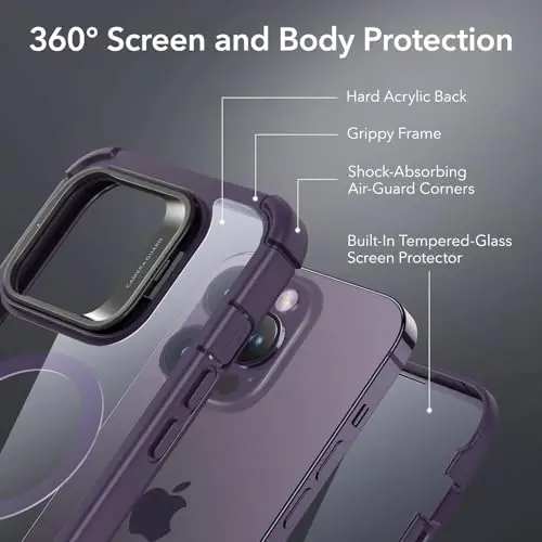 iPhone 14 Pro uchun ESR g'ilofi Stend bilan, MagSafe bilan mos, To'liq harbiy darajadagi tushishga chidamli g'ilof, o'rnatilgan 9H+ temperli shisha ekran himoyachisi, Armor seriyasi, toza binafsha - 3