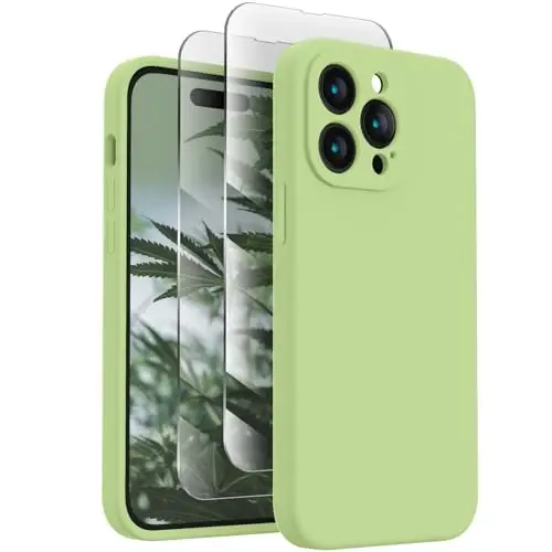 iPhone 14 Pro uchun FireNova gʻilofi, silikon yangilangan [Kamera himoyasi] Telefon gʻilofi [2 ekran himoyachisi bilan], ichida yumshoq chizishga qarshi mikrofiber qoplama, 6,1 dyuym, choy yashili - 1