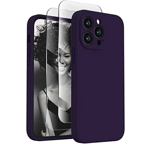 iPhone 14 Pro uchun FireNova g‘ilofi, silikon yangilangan [Kamera himoyasi] telefon g‘ilofi [2 ekran himoyachisi] bilan, ichki qismi yumshoq tirnalishga qarshi mikrofiber qoplamali, 6,1 dyuym, binafsha 