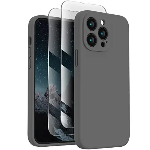 iPhone 14 Pro uchun FireNova gʻilofi, silikon yangilangan [Kamera himoyasi] Telefon gʻilofi [2 ekran himoyachisi] bilan, yumshoq tirnalishga qarshi mikrofiber astar ichida, 6,1 dyuym, kosmik kulrang 