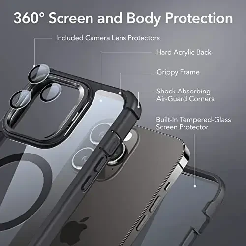 iPhone 14 Pro uchun stendli ESR g'ilofi, MagSafe bilan mos, to'liq tanali harbiy darajadagi tushishga chidamli g'ilof, o'rnatilgan 9H+ temperli shisha ekran himoyachisi, Armor Series, shaffof qora - 2
