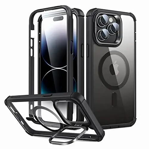 iPhone 14 Pro uchun stendli ESR g'ilofi, MagSafe bilan mos, to'liq tanali harbiy darajadagi tushishga chidamli g'ilof, o'rnatilgan 9H+ temperli shisha ekran himoyachisi, Armor Series, shaffof qora - 1