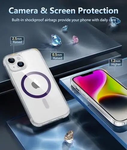 iPhone 14 Telefon Kılıfı için FNTCASE: iPhone 13 Telefon Şeffaf Kılıf Manyetik Askeri Sınıf Düşme Koruması Sararmaya Karşı Hücresel Telefon Kapağı - Dayanıklı Darbeye Dayanıklı Koruyucu Tampon (D-Mor) - 5
