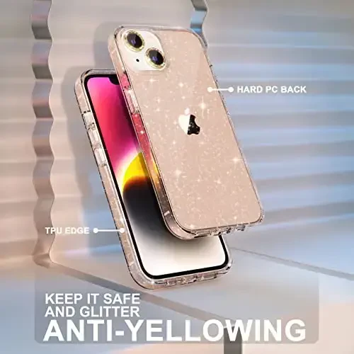 iPhone 14 uchun Choiche mos keladigan ayollar telefon qutisi, yoqimli yaltiroq, harbiy darajadagi tushishdan himoya, 2 ta olmosli kamera linzalari qopqog'i, 2 ta закаленное shisha himoyachisi, 6,1 dyuym (Glitter Gold) - 7