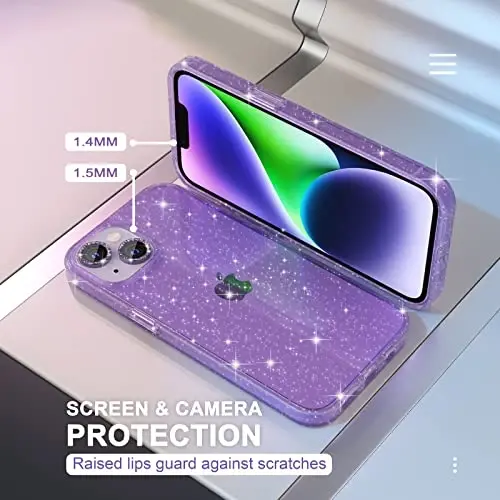 iPhone 14 uchun Choiche mos keladigan ayollar telefoni g‘ilofi, yoqimli yaltiroq, harbiy darajadagi tushishdan himoya, 2 ta olmosli kamera linzalari qopqog‘i, 2 ta temperli shisha himoyachi, 6.1 dyuym (Yaltiroq binafsha) - 4