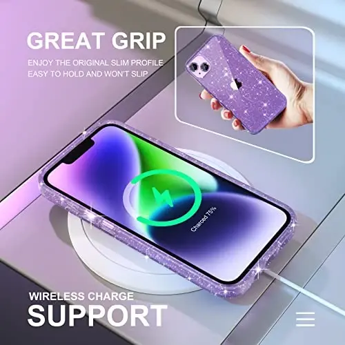 iPhone 14 uchun Choiche mos keladigan ayollar telefoni g‘ilofi, yoqimli yaltiroq, harbiy darajadagi tushishdan himoya, 2 ta olmosli kamera linzalari qopqog‘i, 2 ta temperli shisha himoyachi, 6.1 dyuym (Yaltiroq binafsha) - 6