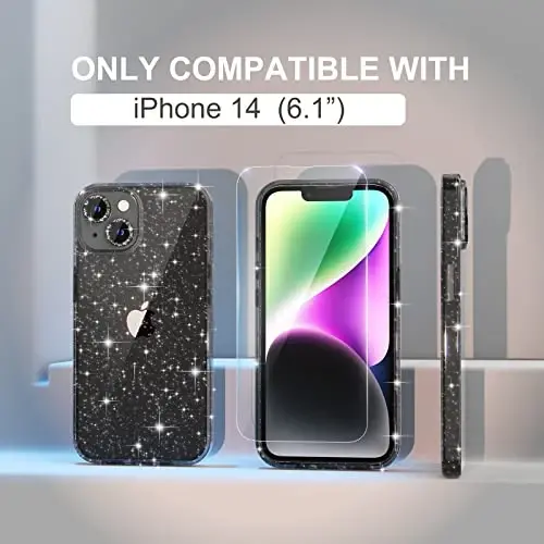 iPhone 14 uchun Choiche mos keladigan ayollar uchun g‘ilof, yoqimli yaltiroq, harbiy darajadagi tushishdan himoya, 2 ta olmosli kamera linzalari qopqog‘i, 2 ta chiniqtirilgan shisha ekran himoyachisi, 6,1 dyuym (Yaltiroq qora) - 2