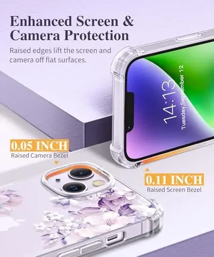 iPhone 14 uchun GVIEWIN gulli g‘ilof, ekran himoyachisi + kamera linzalari himoyachisi bilan, [sarg‘aymaydigan] ayollar uchun yumshoq zarbaga chidamli shaffof himoya g‘ilofi, gul naqshli dizayn 6.1
