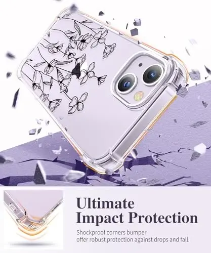 iPhone 14 uchun GVIEWIN gulli g‘ilof, ekran va kamera linzalari uchun himoya plyonkali, [sarg‘aymaydigan] ayollar uchun yumshoq, zarbaga chidamli shaffof himoya g‘ilofi, gul naqshli dizayn 6.1