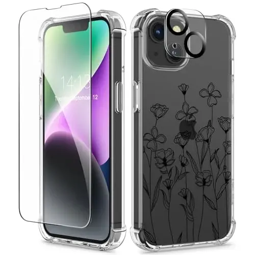 iPhone 14 uchun GVIEWIN gulli g‘ilof, ekran va kamera linzalari uchun himoya plyonkali, [sarg‘aymaydigan] ayollar uchun yumshoq, zarbaga chidamli shaffof himoya g‘ilofi, gul naqshli dizayn 6.1