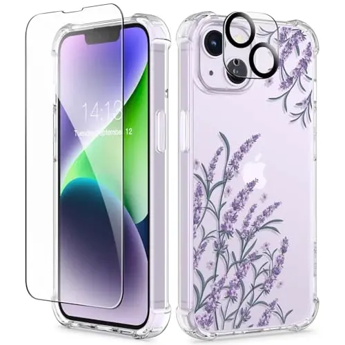 iPhone 14 uchun GVIEWIN gulli g‘ilofi, ekran va kamera himoyachisi bilan, [sarg‘aymaydigan] ayollar uchun yumshoq zarbga chidamli shaffof telefon himoya g‘ilofi, gul naqshli dizayn 6.1