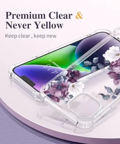 iPhone 14 uchun GVIEWIN gulli g‘ilofi, ekran va kamera linzalari uchun himoya plyonkasi bilan, [sarg‘aymaydigan] ayollar uchun yumshoq, zarbaga chidamli shaffof g‘ilof, gul naqshli dizayn 6.1