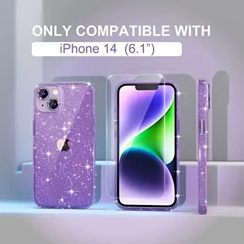 iPhone 14 uchun mos keladigan Choiche ayollar telefon qutisi, chiroyli yaltiroq, harbiy darajadagi tushishdan himoya, 2 ta olmosli kamera linzalari qopqog'i, 2 ta temperlangan shisha himoyachisi, 6,1 dyuym (Glitter Purple) - 2