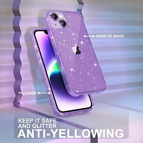 iPhone 14 uchun mos keladigan Choiche ayollar telefon qutisi, chiroyli yaltiroq, harbiy darajadagi tushishdan himoya, 2 ta olmosli kamera linzalari qopqog'i, 2 ta temperlangan shisha himoyachisi, 6,1 dyuym (Glitter Purple) - 7