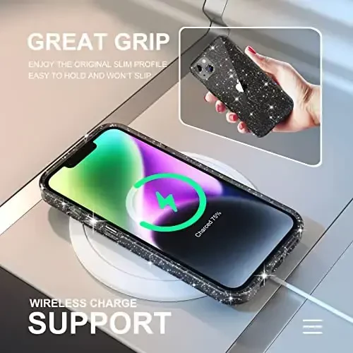 iPhone 14 uchun mos keladigan Choiche ayollar telefon qutisi, yoqimli Bling yorqin, harbiy darajadagi tushishdan himoya, 2 olmosli kamera linzalari qopqog'i, 2 закаленное oynali himoyachi, 6,1 dyuym (Glitter Black) - 6