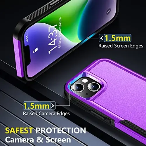 iPhone 14 uchun SPIDERCASE gʻilofi/iPhone 15 gʻilofi, [15 FT Harbiy Standartdagi Zarbadan Himoya][Sirpanmaydigan] 2 dona [Temperli Shisha Ekran Himoyachisi+Kamera Ob'ektiv Himoyachilari] Kuchli Zarba oʻtkazmaydigan Gʻilof, Toʻq Binafsha - 5