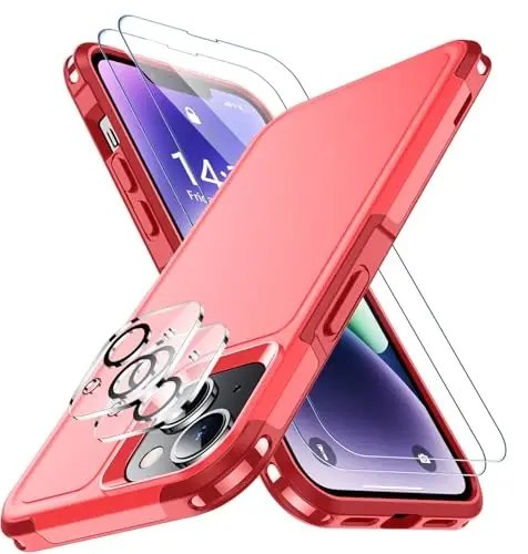 iPhone 14 uchun SPIDERCASE g'ilofi/iPhone 15 g'ilofi, [15 FT harbiy standartga mos tushishdan himoya][Sirpanmaydigan] 2 dona [Temperli shisha ekran himoyachilari+Kamera linzalari himoyachilari] O'ta kuchli zarbga chidamli g'ilof, qizil - 1