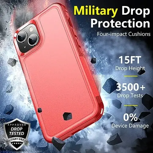 iPhone 14 uchun SPIDERCASE g'ilofi/iPhone 15 g'ilofi, [15 FT harbiy standartga mos tushishdan himoya][Sirpanmaydigan] 2 dona [Temperli shisha ekran himoyachilari+Kamera linzalari himoyachilari] O'ta kuchli zarbga chidamli g'ilof, qizil - 3
