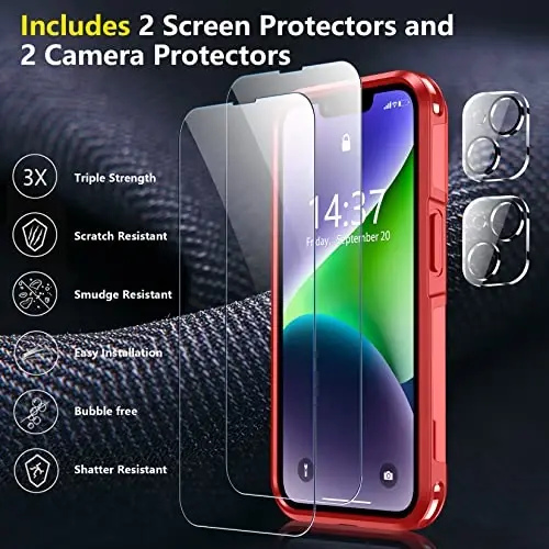iPhone 14 uchun SPIDERCASE g'ilofi/iPhone 15 g'ilofi, [15 FT harbiy standartga mos tushishdan himoya][Sirpanmaydigan] 2 dona [Temperli shisha ekran himoyachilari+Kamera linzalari himoyachilari] O'ta kuchli zarbga chidamli g'ilof, qizil - 4