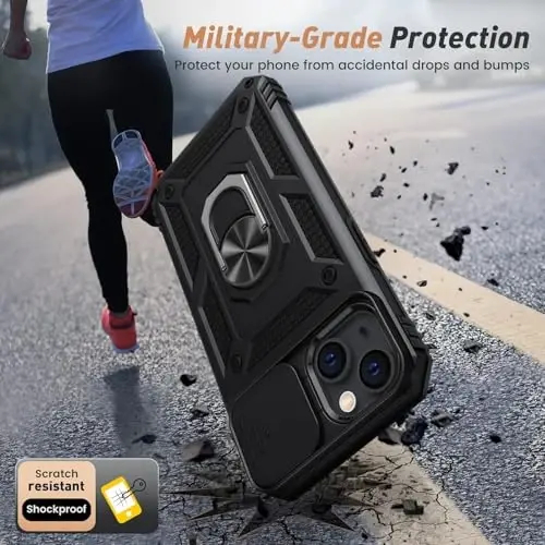 Goton Compatible for iPhone 14/13 Case with Screen Protector - Slide Camera Protective Phone Cover with Ring Stand, Heavy Duty Shockproof Rugged Bumper for iPhone14 iPhone13 Accessories Black - 4