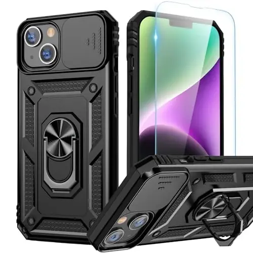Goton Compatible for iPhone 14/13 Case with Screen Protector - Slide Camera Protective Phone Cover with Ring Stand, Heavy Duty Shockproof Rugged Bumper for iPhone14 iPhone13 Accessories Black 