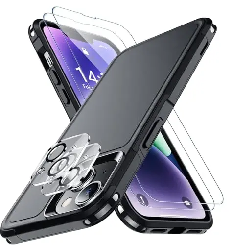 SPIDERCASE for iPhone 14 Case/iPhone 15 Case, [15 FT Military Grade Protection] 2 Pack [Tempered Glass Screen Protectors+Camera Lens Protectors] Heavy Duty Shockproof Case, Black - Modazone