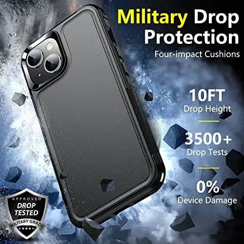 iPhone 14/15 uchun SPIDERCASE g'ilofi, [15 FT harbiy darajadagi himoya] 2 ta [Temperli shisha ekran himoyachilari + Kamera linzalari himoyachilari] Og'ir zarbaga chidamli g'ilof, Qora - 3