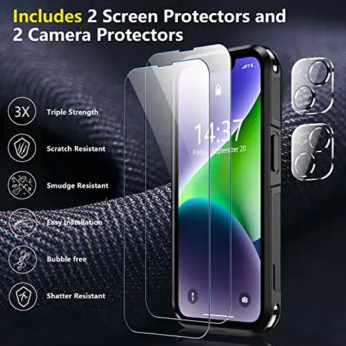 iPhone 14/15 uchun SPIDERCASE g'ilofi, [15 FT harbiy darajadagi himoya] 2 ta [Temperli shisha ekran himoyachilari + Kamera linzalari himoyachilari] Og'ir zarbaga chidamli g'ilof, Qora - 4