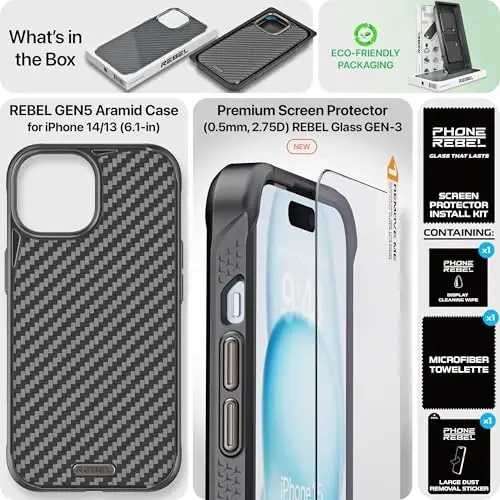 REBEL Case for iPhone 14/iPhone 13 Case [Gen-5 Aramid Fiber] Strong MagSafe Compatible, Grippy Sides, Shockproof Corners, Metal Buttons, Upgraded Protective Design, 6.1 Inch Phone 2022/2021 (Black) - 6