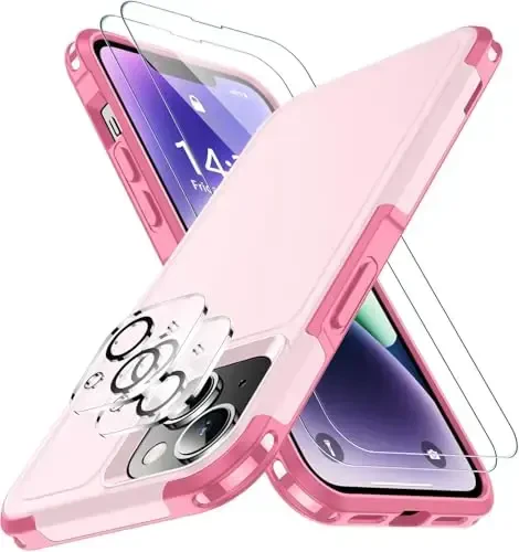 SPIDERCASE for iPhone 14 Case/iPhone 15 Case, [15 FT Military Grade Drop Protection][Non-Slip] 2 Pack [Tempered Glass Screen Protectors+Camera Lens Protectors] Shockproof Case, Pink 
