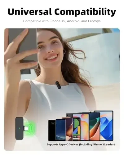 iPhone 15 16 va Android uchun simsiz Lavalier mikrofon, shovqinni bekor qilish, 30 m uzatish, 18 soat batareya quvvati, video yozish, Vlog, striming uchun USB Type-C simsiz mikrofon - 6