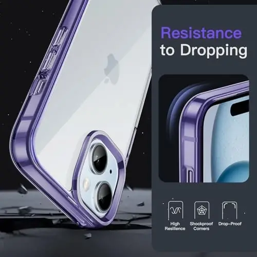 JETech Case for iPhone 15 6.1-Inch, Non-Yellowing Shockproof Phone Bumper Cover, Anti-Scratch Clear Back (Light Purple) - 5