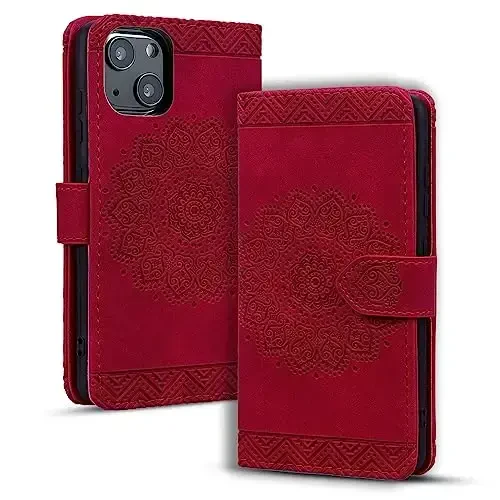 Rosbtib Flip Case for iPhone 15 6.1 Inch Cover, Vintage Premium PU Leather Wallet Phone Case with Mandala Embossed Design Cover for iPhone 15 6.1