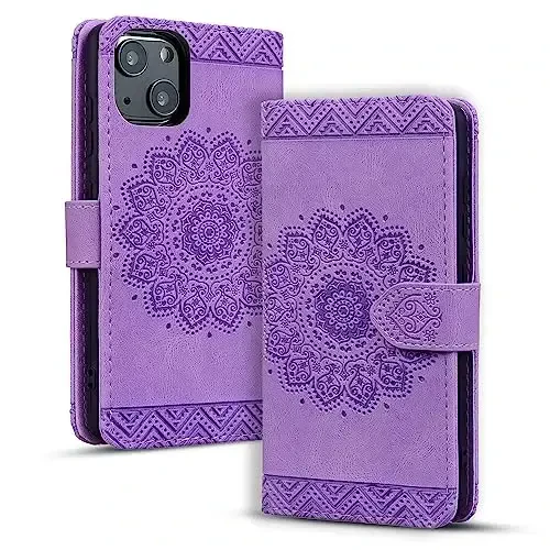 Rosbtib Flip Case for iPhone 15 6.1 Inch Cover, Vintage Premium PU Leather Wallet Phone Case with Mandala Embossed Design Cover for iPhone 15 6.1