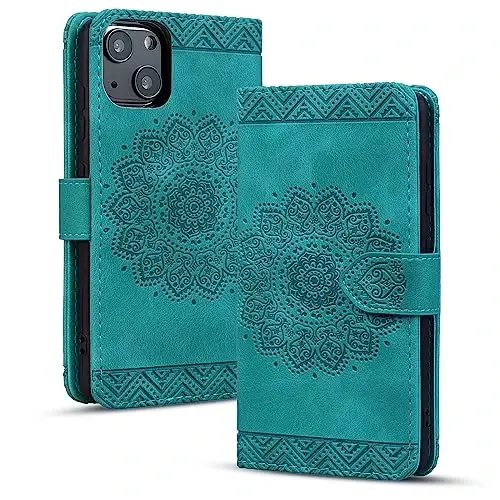 Rosbtib Flip Case for iPhone 15 6.1 Inch Cover, Vintage Premium PU Leather Wallet Phone Case with Mandala Embossed Design Cover for iPhone 15 6.1
