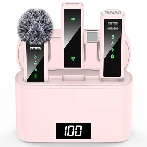 VEZQUA Wireless Lavalier Microphone for iPhone 15, Android, PC, Laptop, USB C Mini Microphone with Noise Cancellation, Mini Microphone for Video Recording, Vlog, YouTube, TikTok (Pink) - VEZQUA