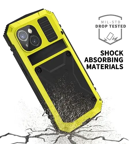 iPhone 15 Case 6.1inch Heavy Duty Rugged [Aluminium Stan] Military Grade Metal Rubber [Built in Screen Protector Camera Lens ] Phone Cover (, iPhone 15 6.1'' 2023 uchun mos) Yellow - 6
