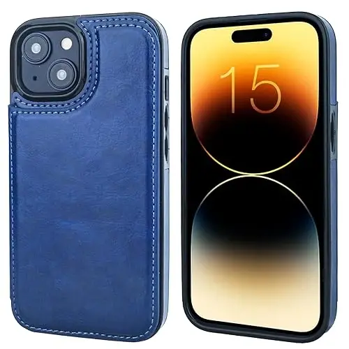 ONETOP Compatible with iPhone 15 Wallet Case with Card Holder, PU Leather Kickstand Card Slots Case, Double Magnetic Clasp and Durable Shockproof Cover 6.1 Inch (Blue) - 3