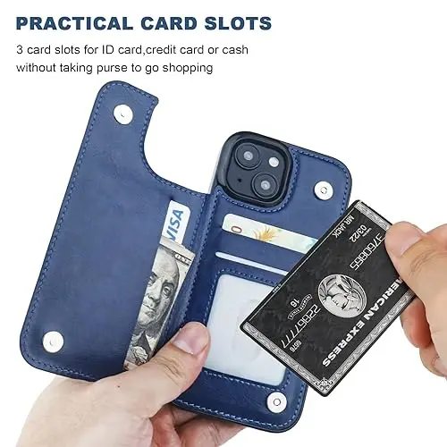 ONETOP Compatible with iPhone 15 Wallet Case with Card Holder, PU Leather Kickstand Card Slots Case, Double Magnetic Clasp and Durable Shockproof Cover 6.1 Inch (Blue) - 4