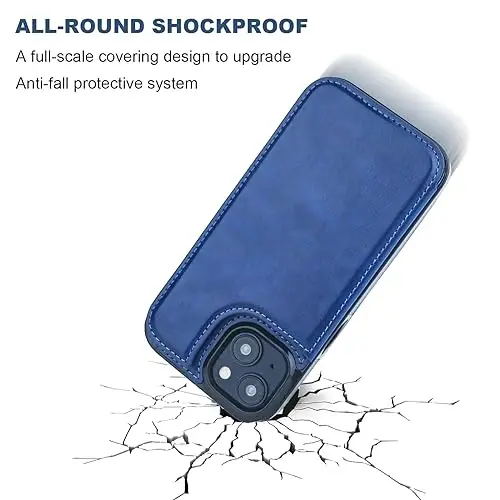 ONETOP Compatible with iPhone 15 Wallet Case with Card Holder, PU Leather Kickstand Card Slots Case, Double Magnetic Clasp and Durable Shockproof Cover 6.1 Inch (Blue) - 6