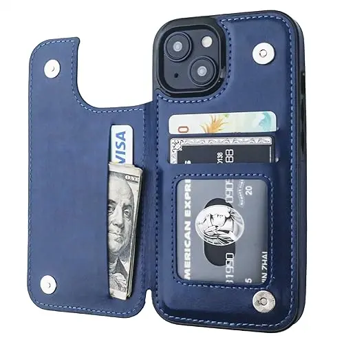 ONETOP for iPhone 15 Wallet Case with Credit Card Holder,Blue | Kickstand,ID/Cash Holder,Case Wallet with Card Slots,Double Magnetic Clasp,Durable PU Leather Shockproof Cover for Women Men - 1