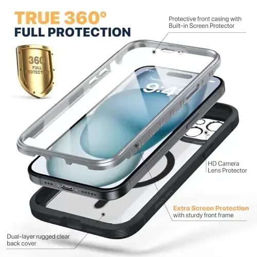Diaclara Magnetic Designed for iPhone 15 Case, Compatible with MagSafe Built-in Touch Sensitive Anti-Scratch Screen Protector, with Camera Lens Protector for iPhone 15 6.1