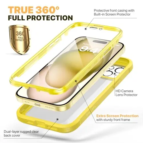 Diaclara Designed for iPhone 15 Case, Full Body Rugged Case with Built-in Touch Sensitive Anti-Scratch Screen Protector, with Camera Lens Protector(Lemon Yellow) - 2